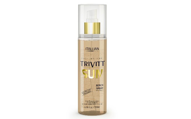 Beach Spray Trivitt Sun, da Itallian Hairtech, promete deixar os cabelos macios e hidratados mesmo após vários mergulhos no mar ou na piscina l R$75