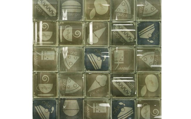 As pastilhas de vidro (2,3 x 2,3 cm, 5 x 5 cm e 8 x 8 cm) da linha Bistrô, da Colormix, trazem imagens de ícones da culinária 