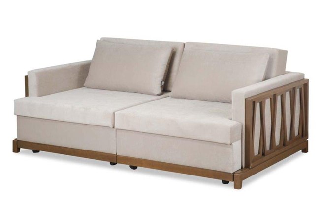 O sofá retrátil Aqua tem estrutura de pinus reflorestado, tecido aveludado e enchimento de espuma de poliuretano. Conta com 2 x 1,05 x 0,65 m. Meu Móvel de Madeira, R$ 4.559,05