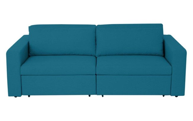O sofá Cozy na cor azul oceano é uma boa companhia para os momentos de descanso. Com 2,20 m, tem estrutura de madeira e revestimento de linho. Westwing, R$ 4.499