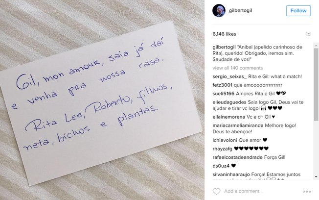 Rita Lee mandou bilhete para Gilberto Gil%2C que está internado no hospital Sírio Libanês