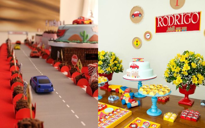 Mesa do bolo pode contar com uma pista de corrida para carros%2C e também dá para usar flores na decoração da festa